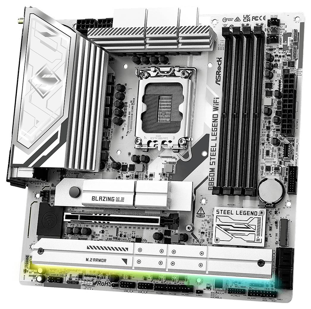 Eine Computermotherboard mit der Bezeichnung "ASRock Z690M Steel Legend WIFI", die verschiedene Steckplätze und Komponenten aufweist, mit RGB-Beleuchtung am unteren Rand.