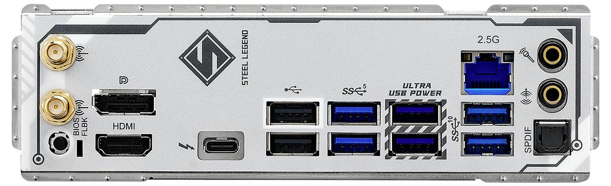 Rückseite einer Steel Legend-Motherboard mit mehreren USB-Anschlüssen, HDMI, DisplayPort, Ethernet-Buchsen und Audio-Anschlüssen.