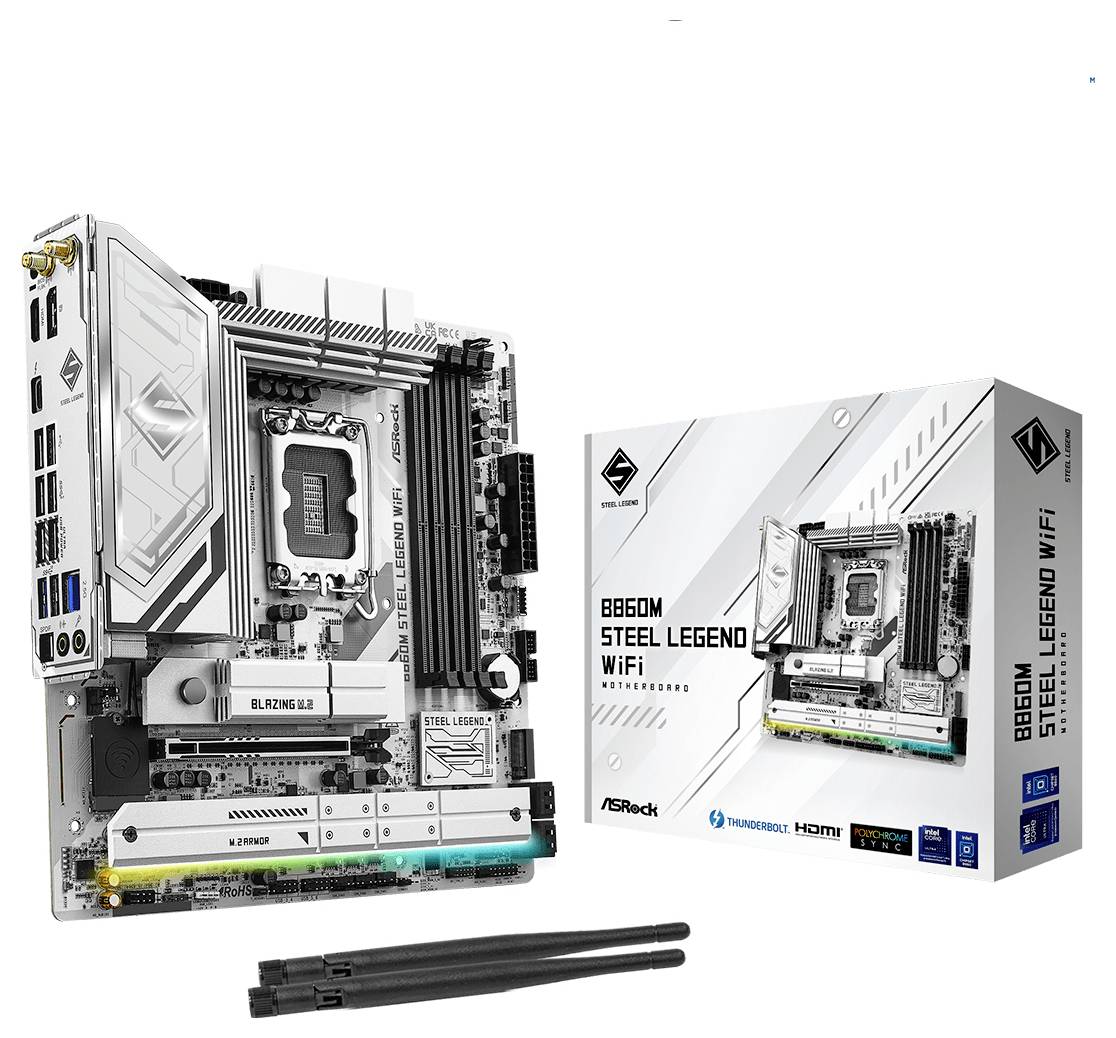 ASRock B660M Steel Legend WiFi Mainboard neben seiner Verpackung, mit Hervorhebung von Funktionen wie DDR4-Unterstützung und HDMI-Anschlussmöglichkeiten.