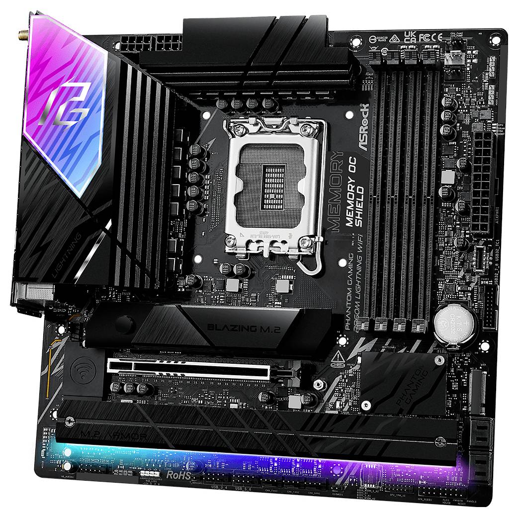 Eine Computermotherboard mit einem zentralen Prozessorsockel, mehreren RAM-Steckplätzen, PCIe-Steckplätzen, einem M.2-Steckplatz und RGB-Beleuchtungsakzenten.