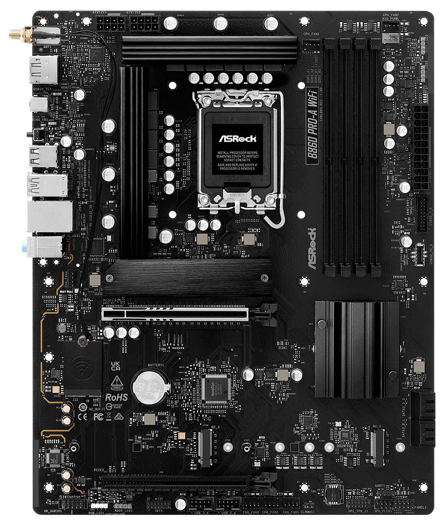 Schwarze ASRock-Motherboard mit verschiedenen Steckplätzen, Anschlüssen und Chipsets, mit der Beschriftung "B660 Pro4 ATX". Vertikale Ausrichtung, detaillierte Schaltkreise.