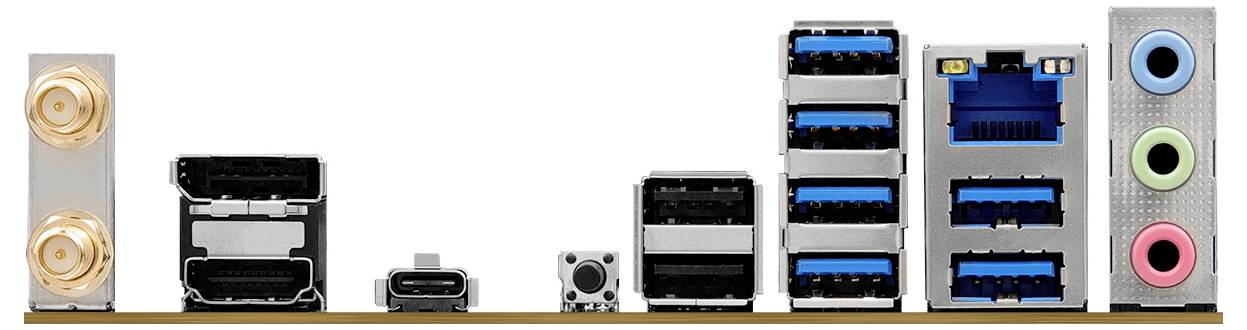 Ein Computer-Motherboard-Rückpanel mit verschiedenen Anschlüssen: Audioklinkenbuchsen, RJ45-Netzwerkport, USB-Anschlüsse, HDMI und USB-C-Verbindungen.