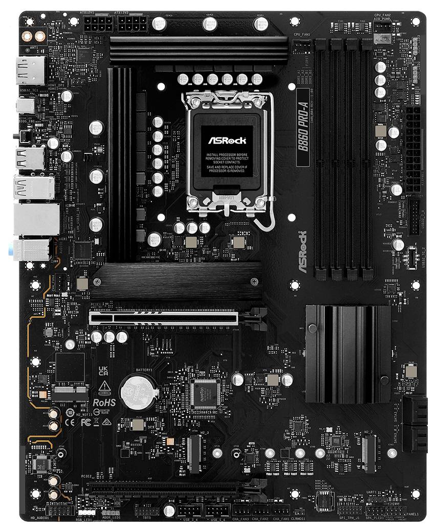Eine schwarze ASRock B660M Pro RS Mainboard, das verschiedene Steckplätze für RAM, CPU und andere Komponenten zeigt, konzipiert für den Computeraufbau.