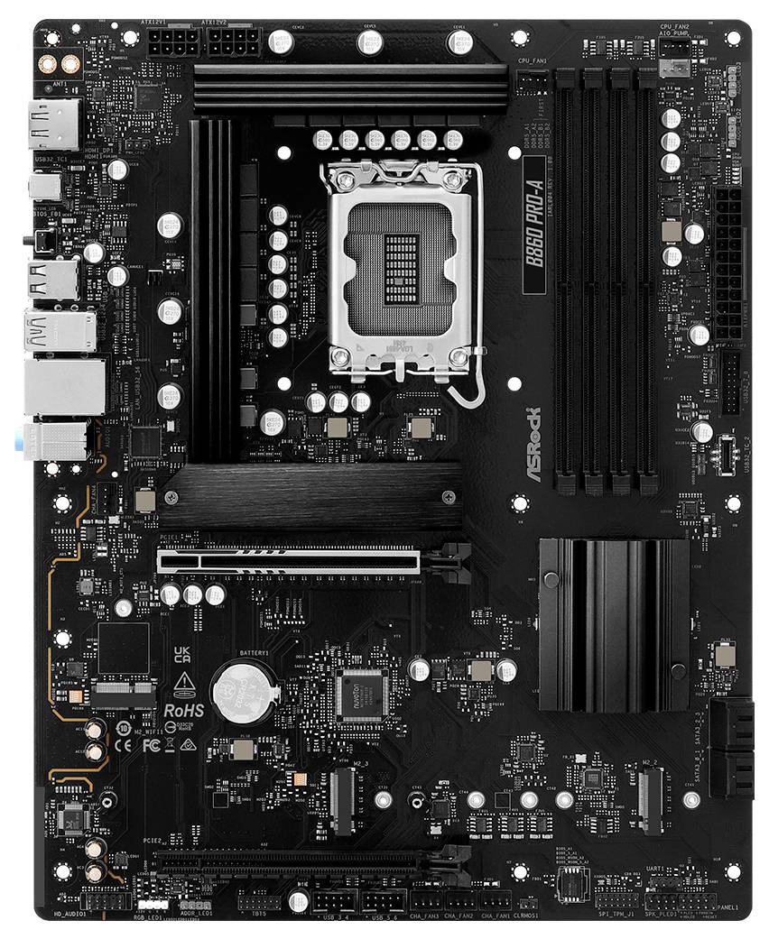 Eine schwarze ASRock-Motherboard mit mehreren Steckplätzen für RAM, einem CPU-Sockel und verschiedenen Anschlüssen und Ports für Computerkomponenten.
