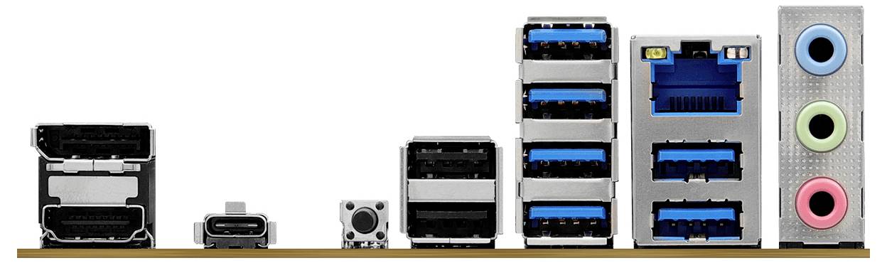 Hintere I/O-Anschlüsse auf einem Motherboard, einschließlich USB, LAN und Audioports, die verschiedene Typen und Konfigurationen nebeneinander zeigen.