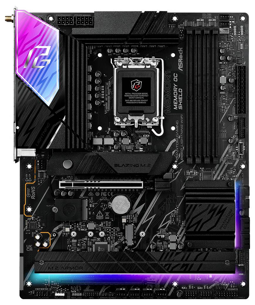 Eine schwarze ASRock-Motherboard mit RGB-Beleuchtung an den linken und rechten Kanten, mit einer großen CPU-Fassung in der Mitte und mehreren Erweiterungssteckplätzen.