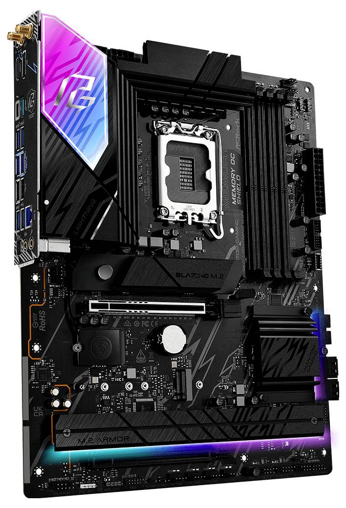 Eine Gaming-Motherboard mit mehreren Anschlüssen, Steckplätzen und RGB-Beleuchtungselementen, die für die Kompatibilität mit Intel-Prozessoren entwickelt wurde.