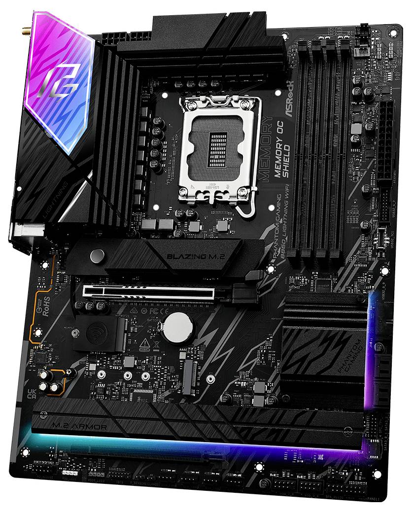 Eine schwarze Computermotherboard mit mehreren Steckplätzen und Anschlüssen, ausgestattet mit RGB-Beleuchtung und einem bunten geometrischen Design in der oberen linken Ecke.
