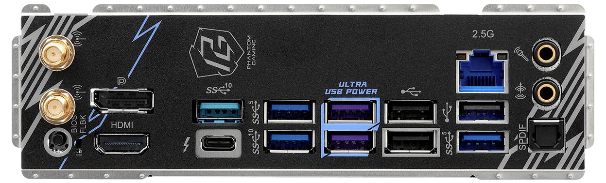 Rückseite eines Computermotherboards mit verschiedenen Anschlüssen: USB, HDMI, Ethernet und Audiokonektoren, beschriftet für Hochgeschwindigkeitsverbindungen.