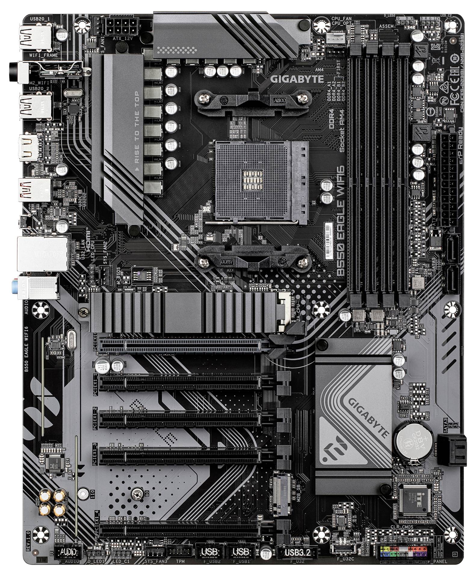 Ein Gigabyte B550M Motherboard mit mehreren PCIe-Steckplätzen, RAM-Steckplätzen und sichtbarem CPU-Sockel. Entwickelt für AMD Ryzen-Prozessoren.