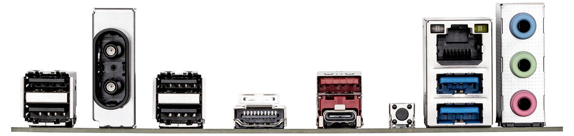 Rückseite eines Computermotherboards mit verschiedenen Anschlüssen: HDMI, USB, Ethernet, Audiobuchsen und weitere Konnektivitätsoptionen.