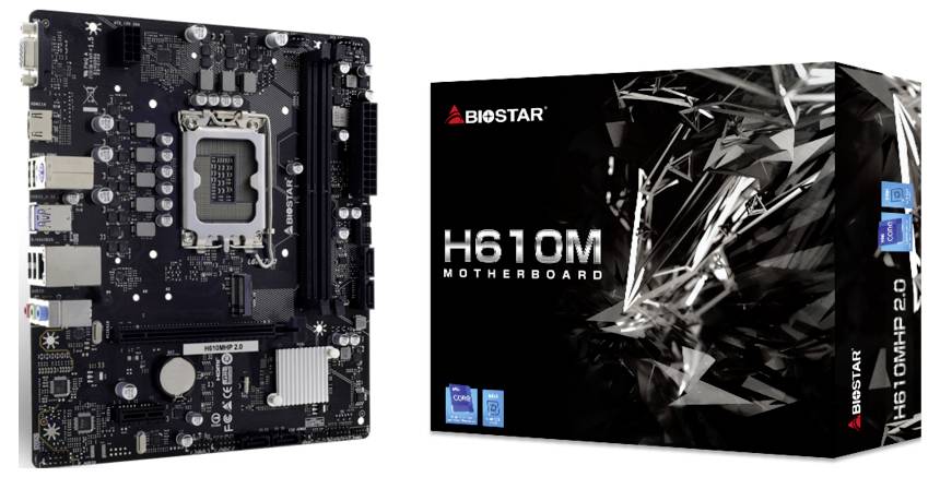 Eine Biostar H610M Mainboard wird neben seiner Verpackung präsentiert, wobei das Layout der Platine und die Produktverpackung mit Branding zu sehen sind.