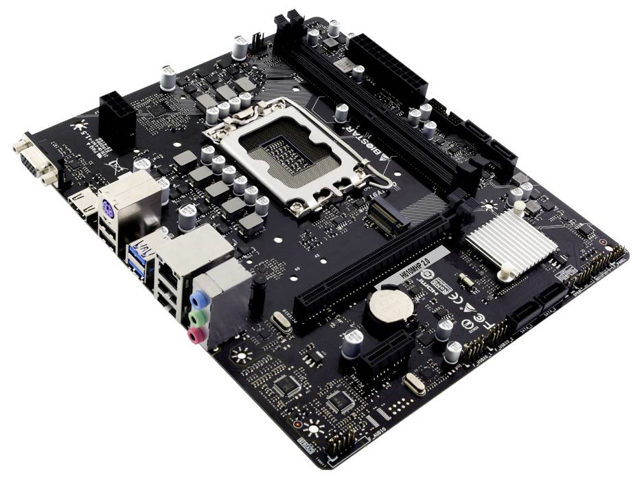 Anschlüsse auf einem Motherboard, einschließlich VGA, HDMI, USB, Ethernet und Audioports, die verschiedene Konnektivitätsoptionen zeigen.