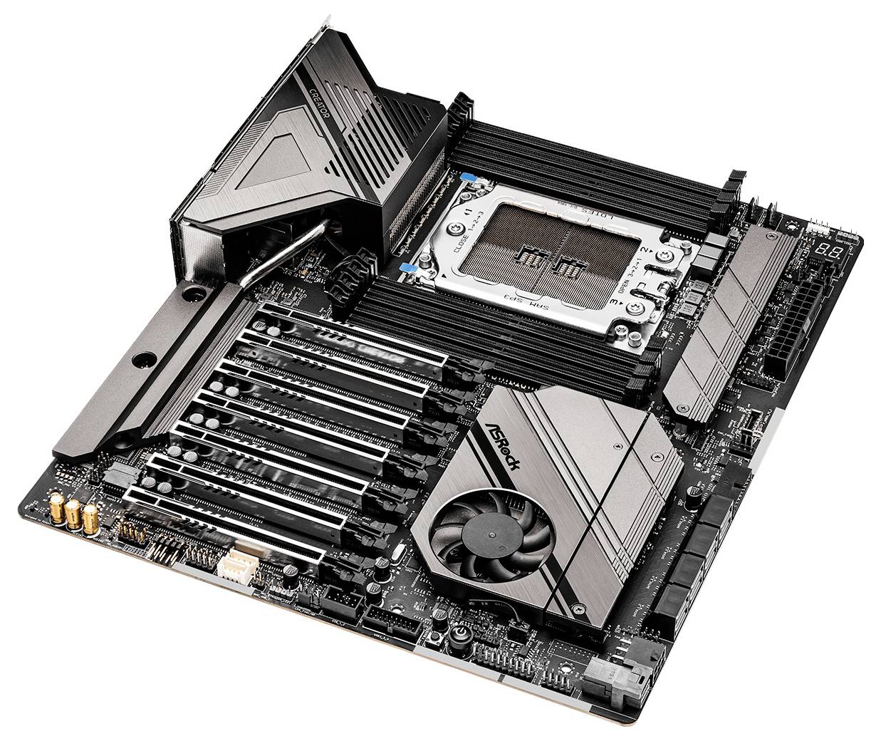 Eine Computer-Motherboard mit mehreren RAM-Steckplätzen, PCIe-Steckplätzen und einem prominenten CPU-Sockel, konzipiert für High-Performance-Computing.