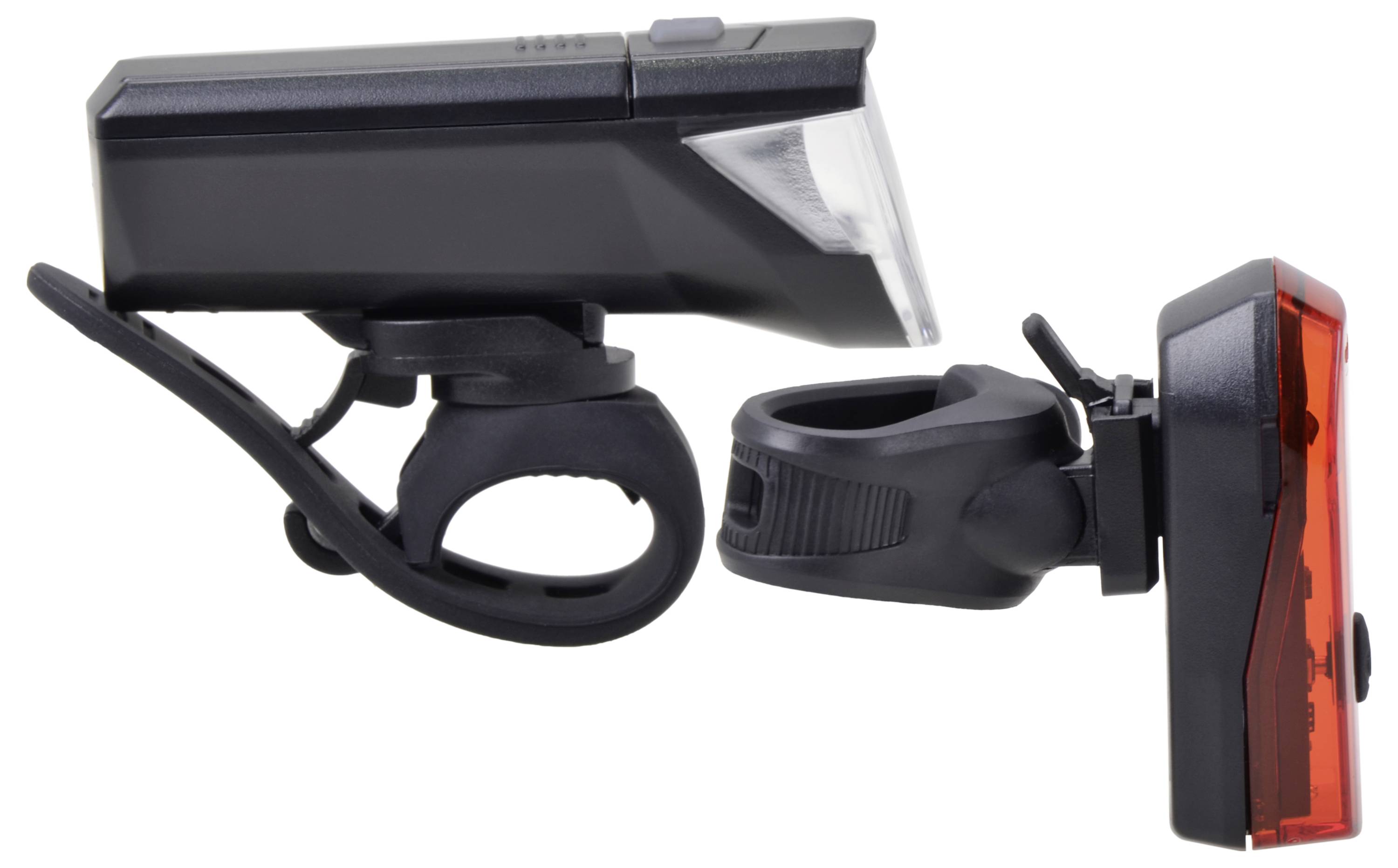 Vorderansicht einer Fahrradlampe mit weißem Licht und Seitenansicht eines roten Rücklichts. Beide Lampen haben Halterungssysteme.