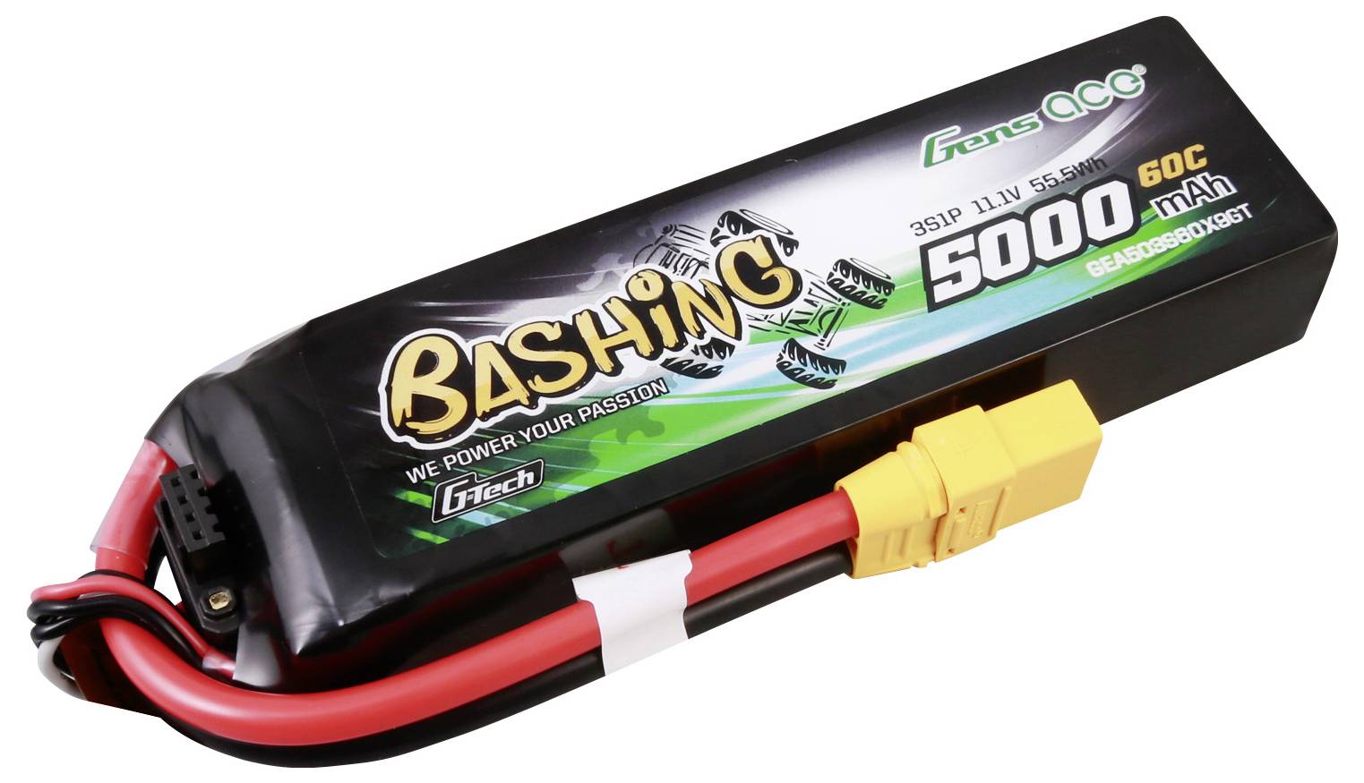 Ein rechteckiger 5000 mAh Akku mit der Aufschrift 'Bashing'. Er hat rote und schwarze Kabel mit gelbem Steckverbinder, geeignet für RC-Fahrzeuge.
