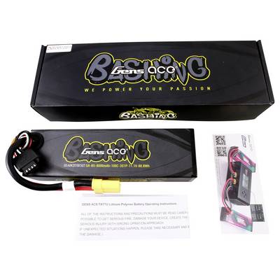 Eine Gens Ace Lithium-Polymer-Batterie mit Bedienungsanleitung und Originalverpackung. Die Verpackung trägt den Slogan 'We power your passion'.