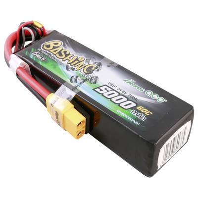 Akkupack mit der Aufschrift 'Bashing', 5000 mAh, 14,8V. Rotes und schwarzes Kabel mit gelbem Stecker.