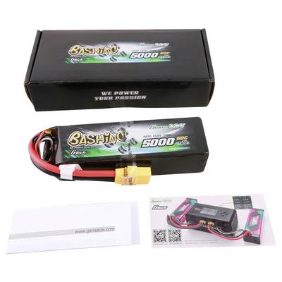 Ein LiPo-Akku mit 5000 mAh und 50C Entladerate, inklusive Verpackung, Herstellerangabe 'Gens Ace', und einem Informationsblatt.