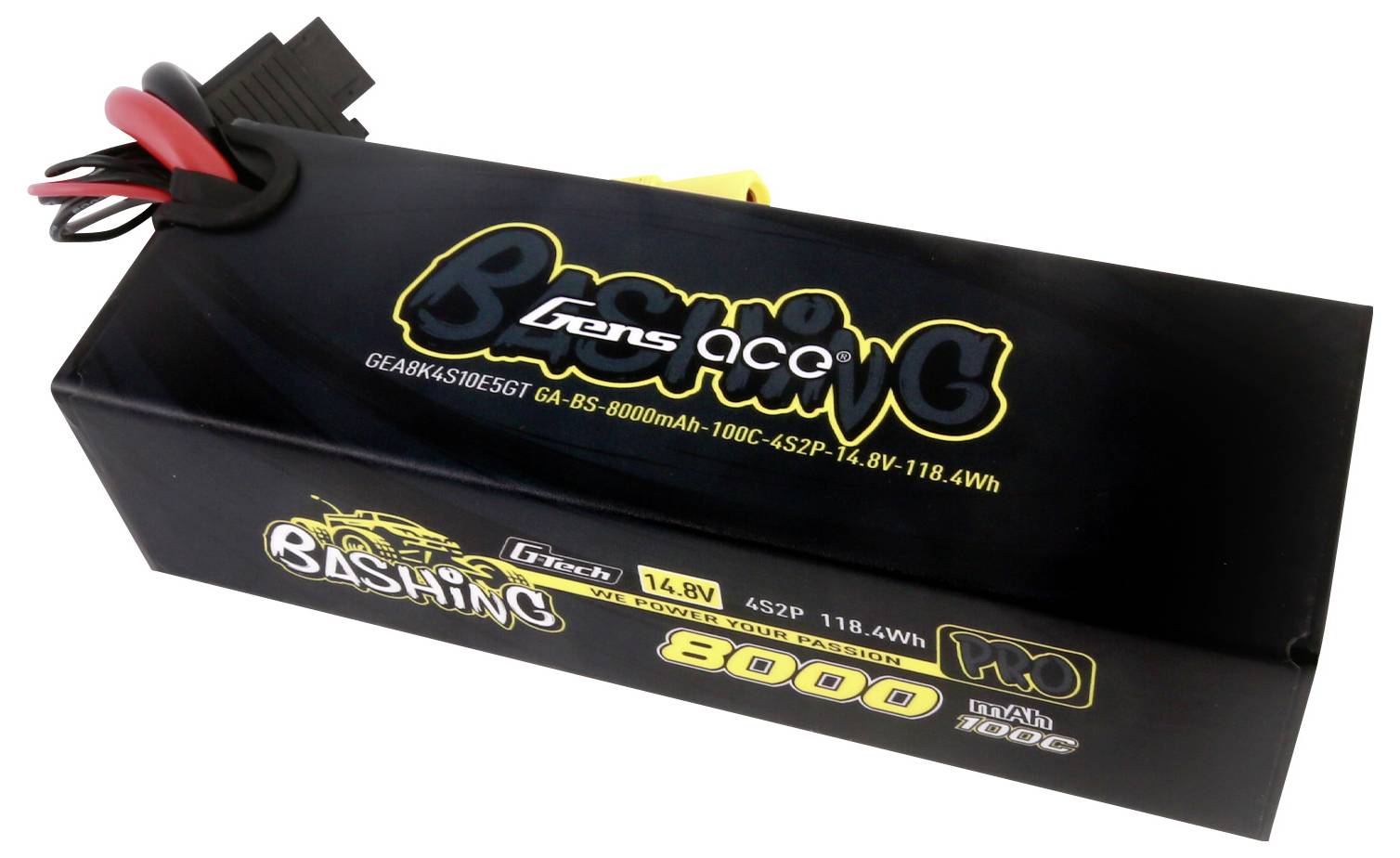 Schwarzer Akku mit der Aufschrift 'Bashing Gens Ace 8000mAh 14.8V', geeignet für RC-Modelle. Hinweise zur Leistung und Spannung sind ersichtlich.