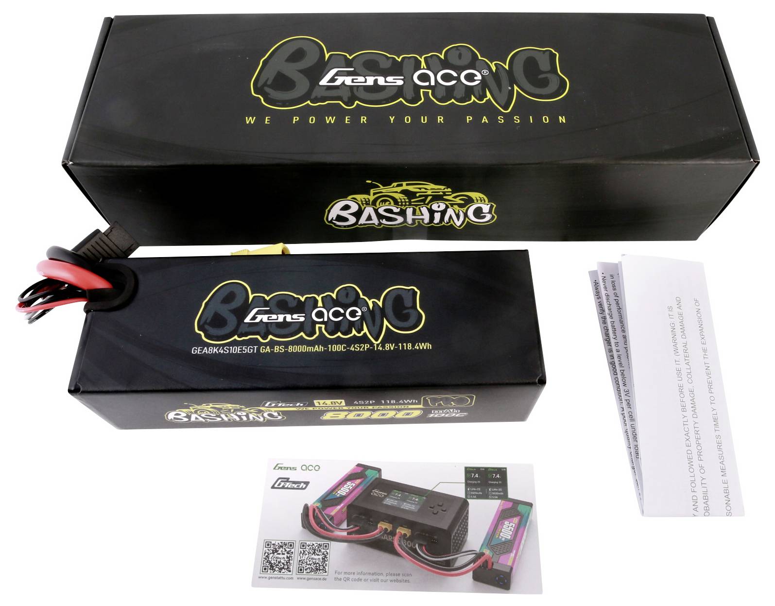 Akkupack in einer schwarzen Schachtel mit 'Gens ace Bashing' Logo. Inklusive technischen Daten, Kabelanschluss und Anleitungen.