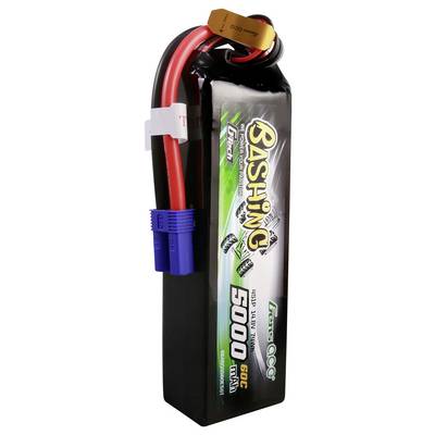 Ein schwarzer RC-Akkupack mit Aufschrift 'Bashing 5000 mAh 60C'. Zwei Anschlüsse: roter Text 'Traxxas', blaues Kunststoffgehäuse erkennbar.