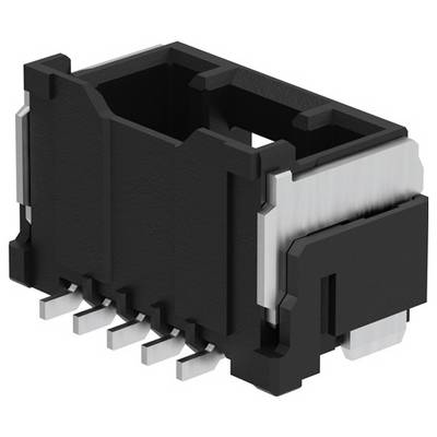 Ein schwarzer, rechteckiger elektronischer Steckverbinder mit silbernen Kontakten auf einer Seite, zur Montage auf eine Leiterplatte.