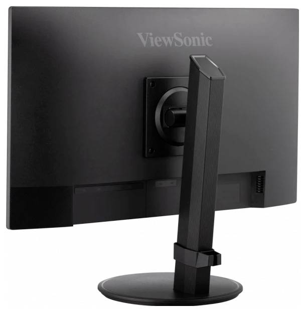 Ein schwarzer Computermonitor von hinten; schwenkbarer Standfuß und ergonomisches Design. Marke 'ViewSonic' erkennbar auf der Rückseite.