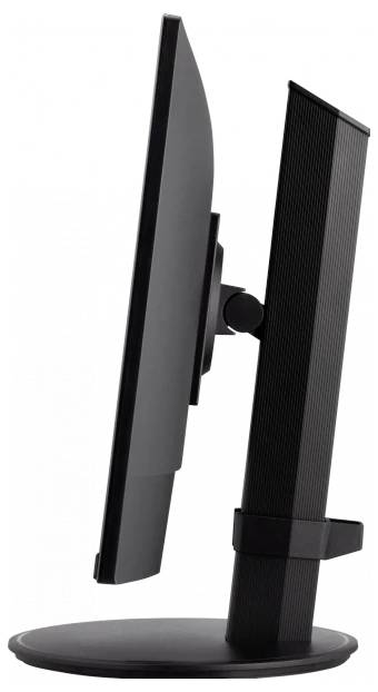 Ein schwarzer Computermonitor, seitliche Ansicht, zeigt dünnes Profil auf einem runden Standfuß.