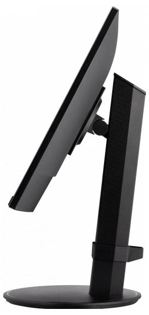 Ein schwarzer Monitor von der Seite, auf einem runden Standfuß mit verstellbarem Ständer.