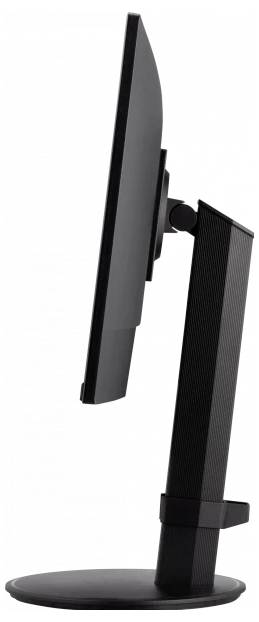 Schwarzer Computermonitor von der Seite gesehen, zeigt schlankes, minimalistisches Design mit verstellbarem Standfuß.