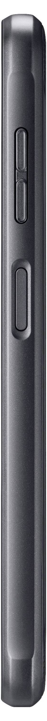 'Seitenansicht eines schwarzen Taschenmessers, geschlossen, mit Schieber und Verriegelungsmechanismus.'