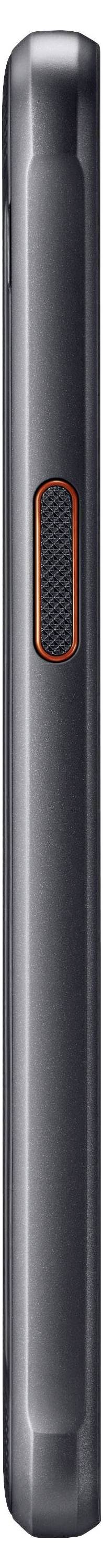 Seitenansicht eines schwarzen Smartphones mit einem roten, strukturierten Knopf.