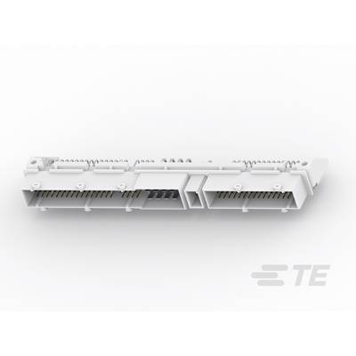 Weißer elektrischer Steckverbinder auf weißem Hintergrund, mit mehreren Steckplätzen und Metallschienen, markiert mit 'TE'.