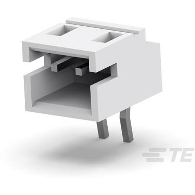 Ein weißer elektronischer Steckverbinder mit zwei Metallstiften zeigt die Buchse zur Montage auf einer Leiterplatte.