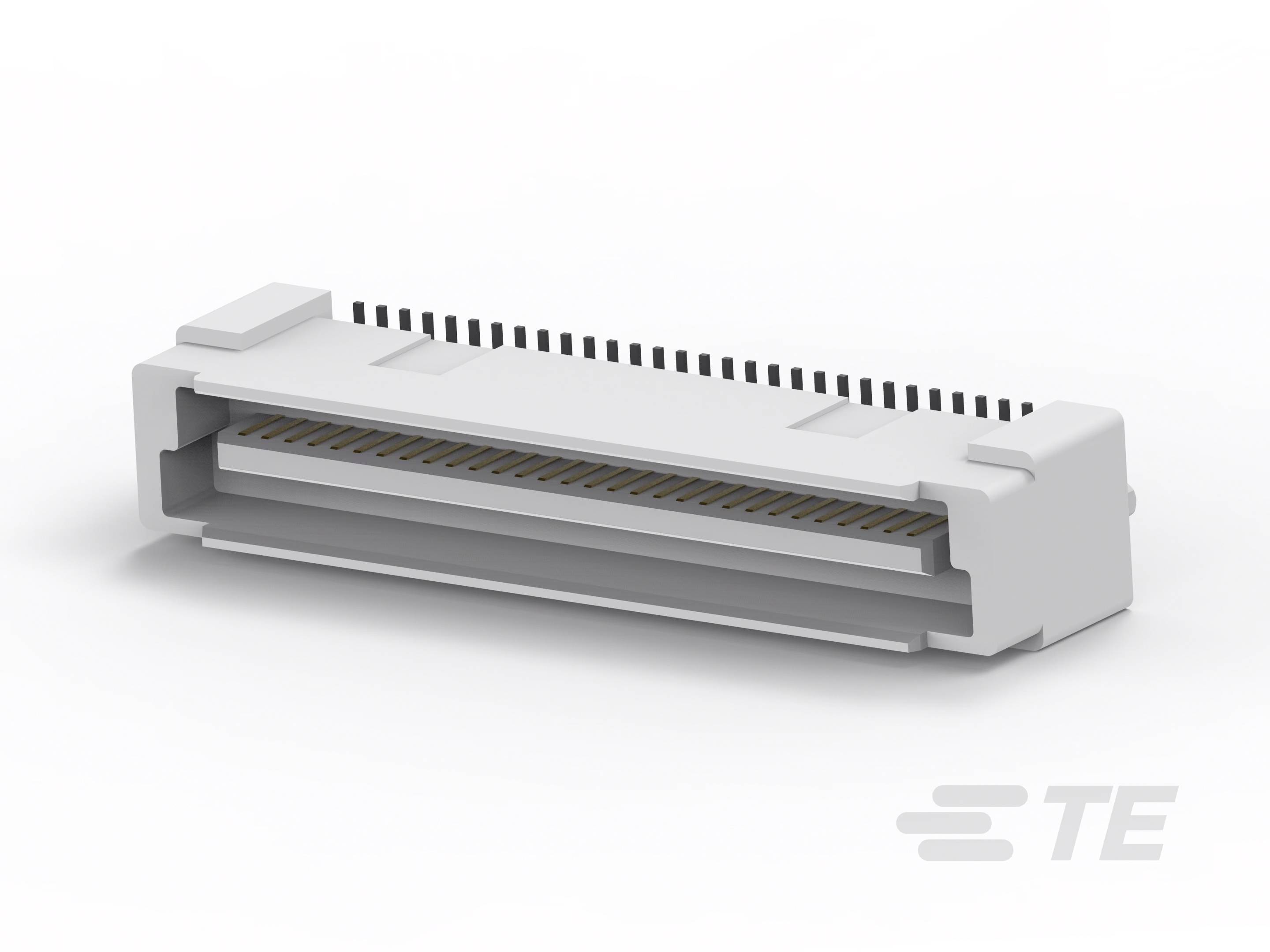 Ein weißer Steckverbinder mit mehreren Pins, ideal für elektronische Geräteanschlüsse. Das TE-Logo ist unten rechts sichtbar.