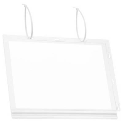Ein transparenter, rechteckiger Aufsteller mit zwei Ösen oben, um Präsentationsmaterial zu halten. Ideal für Schilder oder Displays.