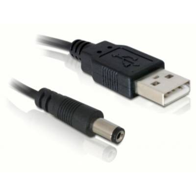 Ein USB-Kabel mit einem USB-A-Stecker auf der einen Seite und einem runden DC-Netzteilstecker auf der anderen Seite zur Stromversorgung.