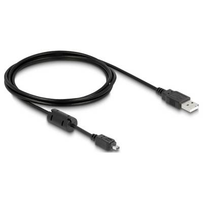 Ein schwarzes USB-Kabel mit einem Standard-USB-Stecker an einem Ende und einem Mini-USB-Stecker am anderen Ende, aufgerollt.
