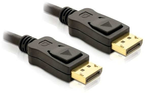 Zwei schwarze DisplayPort-Kabel mit goldenen Steckern, parallel nebeneinander liegend.