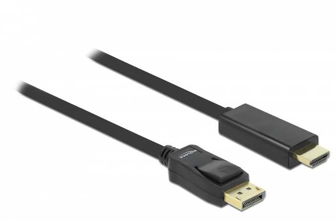 Ein schwarzes Kabel mit einem HDMI- und einem DisplayPort-Stecker, die für die Verbindung von Geräten zur Übertragung von Audio- und Videodaten verwendet werden.