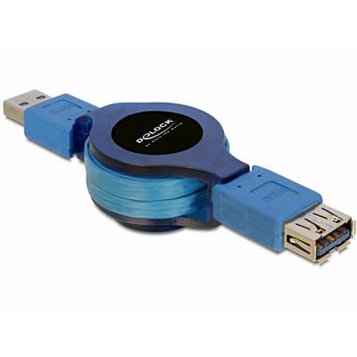 Ein blaues, ausziehbares USB-Verlängerungskabel mit Aufrollmechanismus und USB-A-Stecker sowie -Buchse.