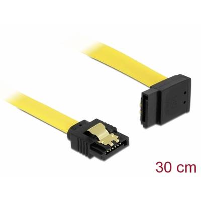 Gelbes SATA-Kabel, 30 cm lang, mit abgeschirmten Steckern. Eines der Kabelenden ist im rechten Winkel geformt.