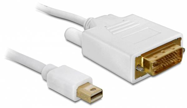 Weißes Kabel mit Mini DisplayPort und DVI-Anschluss, verwendet für die Verbindung zwischen Computer und Monitor.