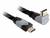 Das Bild zeigt ein HDMI-Kabel mit zwei Steckern. Ein Stecker ist gerade, der andere ist gewinkelt. Das Kabel ist schwarz und grau.