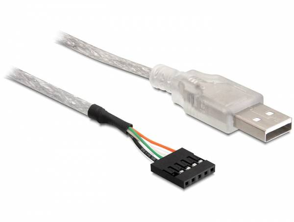 USB-Kabel mit transparentem Stecker und farbigen Drähten, die mit einem schwarzen, mehrpoligen Anschlusstecker verbunden sind.