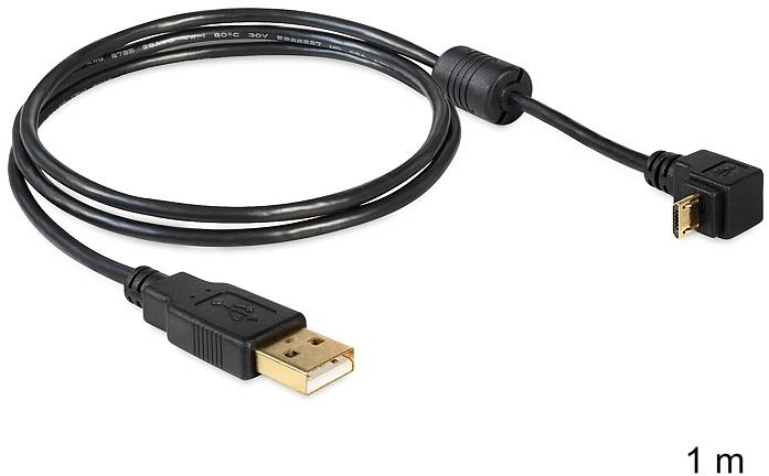 Ein schwarzes USB-Kabel mit einem USB-A-Stecker auf der einen Seite und einem Micro-USB-Stecker auf der anderen, Länge 1 Meter.