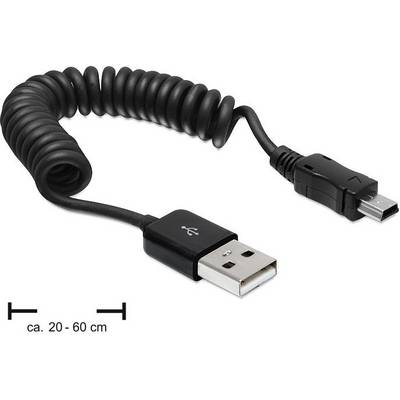 Ein schwarzes Spiralkabel mit USB-Anschluss und Mini-USB-Anschluss, Länge von ca. 20 bis 60 cm, geeignet für Datenübertragung.