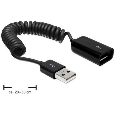 Ein schwarzes, spiralförmiges USB-Verlängerungskabel, ca. 20-60 cm lang, mit einem USB-A-Stecker und einer USB-A-Buchse.