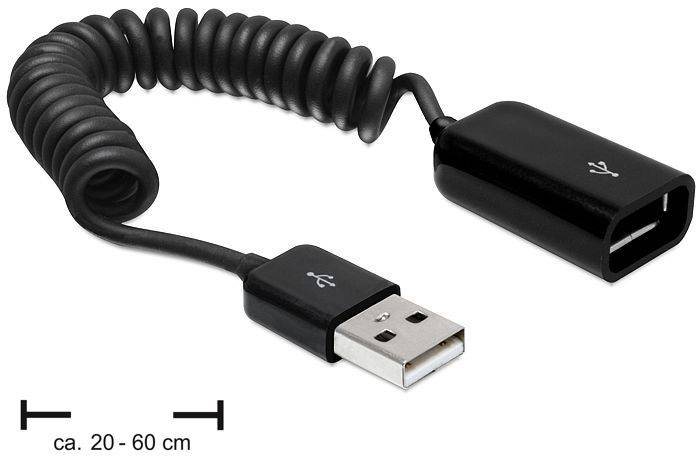 'Schwarzes, spiralförmiges USB-Verlängerungskabel von ca. 20–60 cm Länge mit USB-A-Stecker und USB-Buchse.'